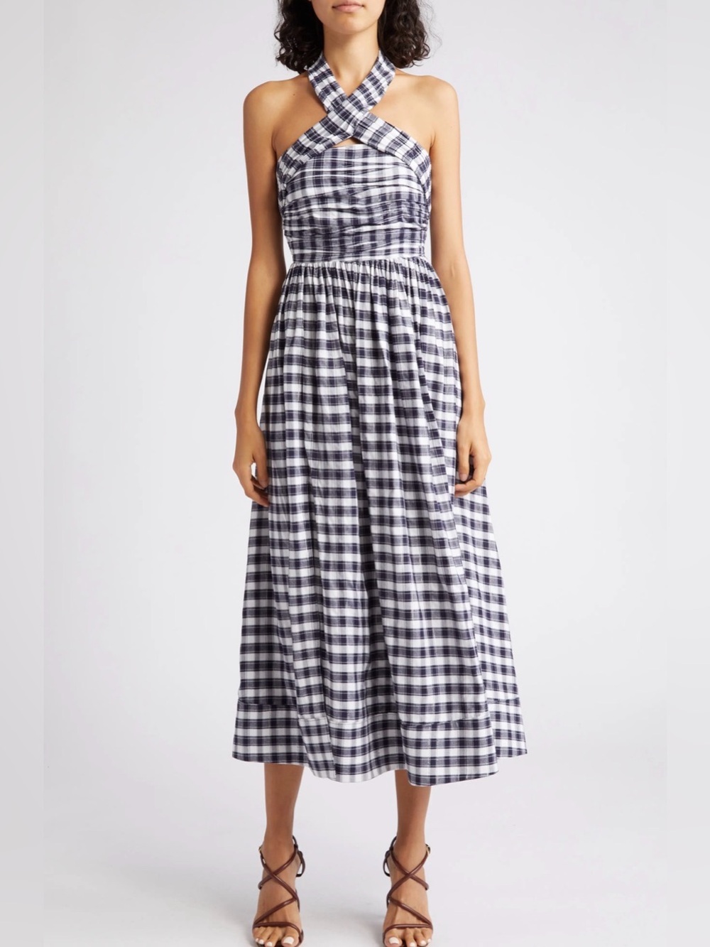Cinq A Sept Taylen Gingham Open-Back Halter Midi Dress